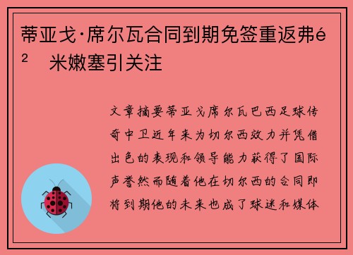 蒂亚戈·席尔瓦合同到期免签重返弗鲁米嫩塞引关注 蒂亚戈·席尔瓦合同到期免签重返弗鲁米嫩塞引关注
