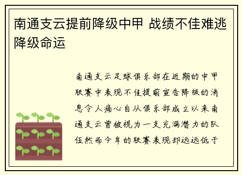 南通支云提前降级中甲 战绩不佳难逃降级命运 南通支云提前降级中甲 战绩不佳难逃降级命运
